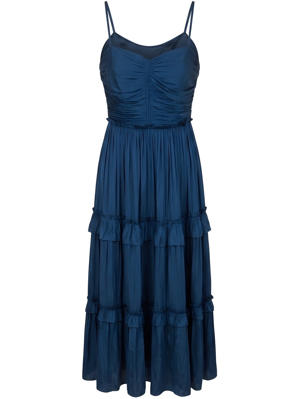 Aqua Navy Ruched Bodice Tiered Maxi Dress